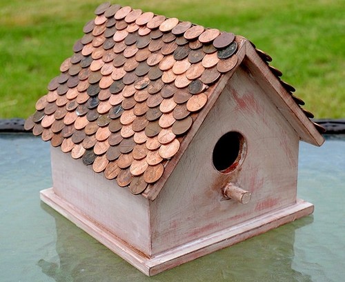 DIY Birdhouse with A Pretty Penny Roof Idea